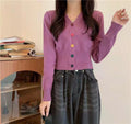 Img 3 - V-Neck Colourful Button Cardigan Short Long Sleeved Korean Sweater Women Elegant Sweet Look Tops