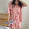 Summer Korean Cartoon Short Sleeve Shorts Pajamas Teens Casual Cardigan Loungewear Sets Outdoor Sleepwear