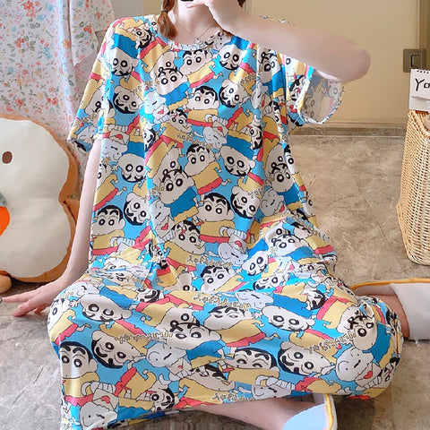 Summer Cartoon Printed Pajamas Loose Pocket Plus Size Loungewear Dress Women Sleepwear