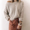 Img 2 - Europe Women Solid Colored Loose Oblique Collar Short Tops Long Sleeved Knitted Sweater
