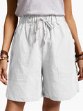 IMG 105 of Summer Cotton Blend Elastic Waist Wide Leg Pants Pocket Loose Women Casual Shorts