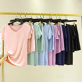 IMG 115 of Summer Ice Silk Two-Piece Sets Thin V-Neck Short Sleeve T-Shirt Slim Look Tops Drape Loose Casual Wide Leg Pants