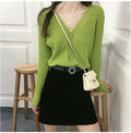 Img 3 - Hong Kong Vintage Knitted CardiganV-Neck Solid Colored Slim-Look Casual Tops Long Sleeved Thin Women Sweater