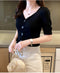 IMG 124 of Silk T-Shirt Short Sleeve Women Summer ins V-Neck High Waist French Slim Look Knitted Tops Outerwear