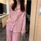 Popular Peach Pajamas Teens Cardigan Korean Chequered Long Sleeved Loungewear Sets Sleepwear