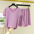 IMG 120 of Summer Ice Silk Two-Piece Sets Thin V-Neck Short Sleeve T-Shirt Slim Look Tops Drape Loose Casual Wide Leg Pants