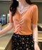 IMG 109 of Silk T-Shirt Short Sleeve Women Summer ins V-Neck High Waist French Slim Look Knitted Tops Outerwear