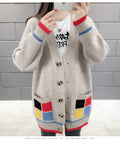 IMG 109 of Korean Loose Mid-Length Sweater Women V-Neck Mix Colours Pocket Student Knitted Cardigan Outerwear