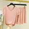 IMG 119 of Summer Ice Silk Two-Piece Sets Thin V-Neck Short Sleeve T-Shirt Slim Look Tops Drape Loose Casual Wide Leg Pants