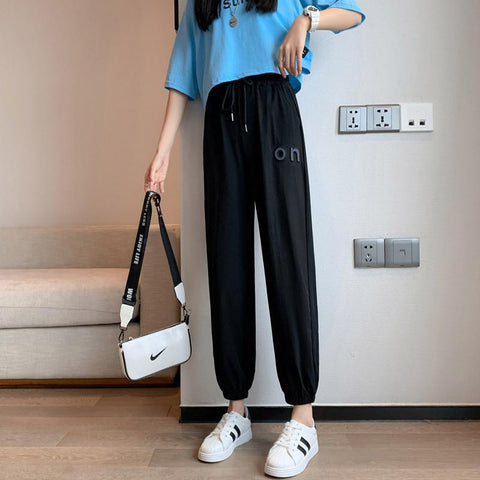 Quick Dry Silk Sport Pants Women Loose Jogger Summer Thin Slim Look High Waist Casual Matching Activewear