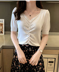 IMG 115 of Silk T-Shirt Short Sleeve Women Summer ins V-Neck High Waist French Slim Look Knitted Tops Outerwear