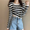 IMG 107 of Elegant Tops Long Sleeved Korean Women All-Matching Striped Knitted Undershirt T-Shirt Short Outerwear