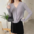Img 7 - Hong Kong Vintage Knitted CardiganV-Neck Solid Colored Slim-Look Casual Tops Long Sleeved Thin Women Sweater
