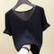 Img 1 - Silk Sweater Loose V-Neck Undershirt Black T-Shirt Short Sleeve Women Solid Colored ins Thin