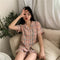 Summer Chequered Pajamas Women Short Sleeve Lapel Cardigan Korean Sweet Look Student Loungewear Cartoon Sleepwear