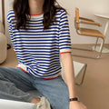 Img 3 - Women Summer Color-Matching Striped Short Sleeve T-Shirt insSilk Cotton Sweater Thin