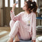 Women Cotton Pajamas Round-Neck Long Sleeved Smooth Trendy Home Loungewear Korean Sleepwear