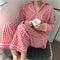 Popular Peach Pajamas Teens Cardigan Korean Chequered Long Sleeved Loungewear Sets Sleepwear