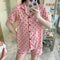 Summer Chequered Pajamas Women Short Sleeve Lapel Cardigan Korean Sweet Look Student Loungewear Cartoon Sleepwear