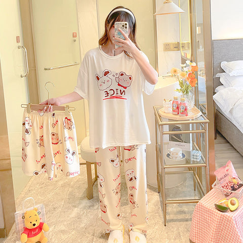 Pajamas Women Korean Adorable Student Thin Short Sleeve Long Pants Three-Piece Shorts Loungewear Sleepwear