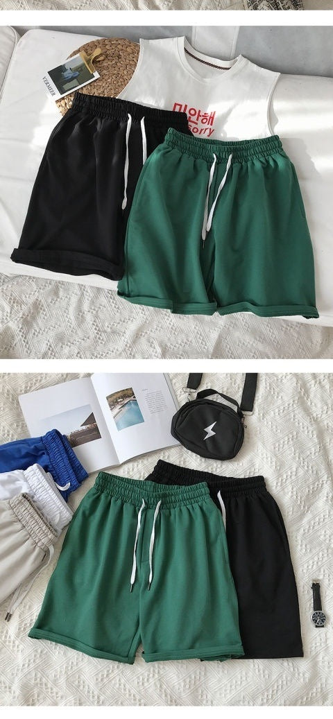 IMG 109 of Running Shorts Men Summer Japanese Solid Colored Minimalist Thin Women Couple Loose Mid-Length Beach Pants Shorts