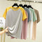 Img 1 - Summer Silk Drape Short Sleeve T-Shirt Women Korean Loose Slim Look Color-Matching Raglan Outdoor Undershirt Tops