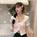 IMG 106 of Korean Bare Belly Short Ruffle V-Neck Sweater Women Outdoor Cardigan bmTops Outerwear