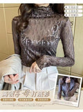 Europe High Collar Matching Women Nylon Alphabets Western Slim Look Matching Lace Tops Outerwear