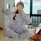 Popular Peach Pajamas Teens Cardigan Korean Chequered Long Sleeved Loungewear Sets Sleepwear