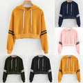 Img 1 - Sweatshirt Europe Women Striped Long Sleeved Bare Belly Hooded Solid Colored Short T-Shirt