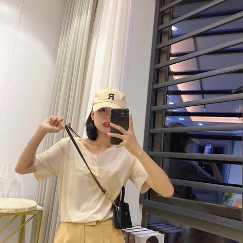 Trendy Summer Women Short Sleeve White V-Neck T-Shirt Silk Korean Sporty Half Sleeved Tops T-Shirt
