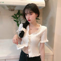 IMG 108 of Korean Bare Belly Short Ruffle V-Neck Sweater Women Outdoor Cardigan bmTops Outerwear