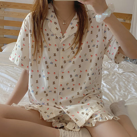 Img 3 - Adorable Bear Trendy Pajamas Women Two-Piece Sets Summer Short Sleeve Shorts Casual Student Outdoor Loungewear