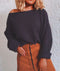 IMG 123 of Europe Women Solid Colored Loose Oblique Collar Short Tops Long Sleeved Knitted Sweater Outerwear