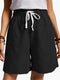 IMG 107 of Summer Cotton Blend Elastic Waist Wide Leg Pants Pocket Loose Women Casual Shorts