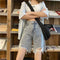 Img 2 - Personality BF Ripped Denim Shorts Women Summer Loose Korean Student High Waist Slim Look Bermuda Shorts