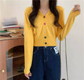 V-Neck Colourful Button Cardigan Short Long Sleeved Korean Sweater Women Elegant Sweet Look Tops Outerwear