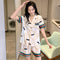 Pajamas Women Summer Silk Thin Short Sleeve Gold Printed Adorable Loungewear Sets Sleepwear