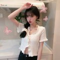 IMG 107 of Korean Bare Belly Short Ruffle V-Neck Sweater Women Outdoor Cardigan bmTops Outerwear