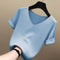 IMG 122 of Silk Sweater Loose V-Neck Undershirt Black T-Shirt Short Sleeve Women Solid Colored ins Thin T-Shirt