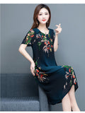 Img 8 - Cooling Ice Silk Mom Round-Neck Printed Trendy Short Sleeve Mid-Length Women Dress
