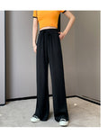 IMG 119 of Summer Thin Women Ice Silk Long Pants Korean High Waist Loose Slim Look Splitted Straight Wide Leg Casual Pants