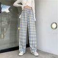 Img 2 - Chequered Pants Women Summer High Waist Slim Look Straight Wide Leg Loose Drape Casual Floor-Length