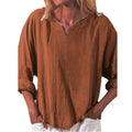 Img 2 - Women Trendy Casual Cotton Solid Colored Loose Vintage Long Sleeved V-Neck Shirt Blouse