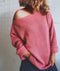 IMG 119 of Europe Women Solid Colored Loose Oblique Collar Short Tops Long Sleeved Knitted Sweater Outerwear