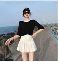 Pleated Women A-Line High Waist Slim-Look Black White Anti-Exposed Summer Skirt