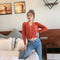 Sweater Women Korean Petite Solid Colored Short Cardigan V-Neck Matching Long Sleeved Outerwear