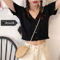 Img 4 - Popular Short Sleeve V-Neck Sweater Cardigan Women Summer Korean See Through Thin T-Shirt Vintage Hong Kong Tops
