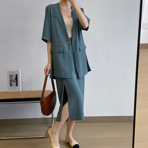 IMG 112 of Sets Korean Short Sleeve Blazer Tops Splitted Skirt Outerwear