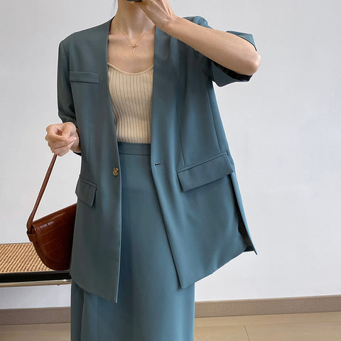 Img 2 - Sets Korean Short Sleeve Blazer Tops Splitted Skirt